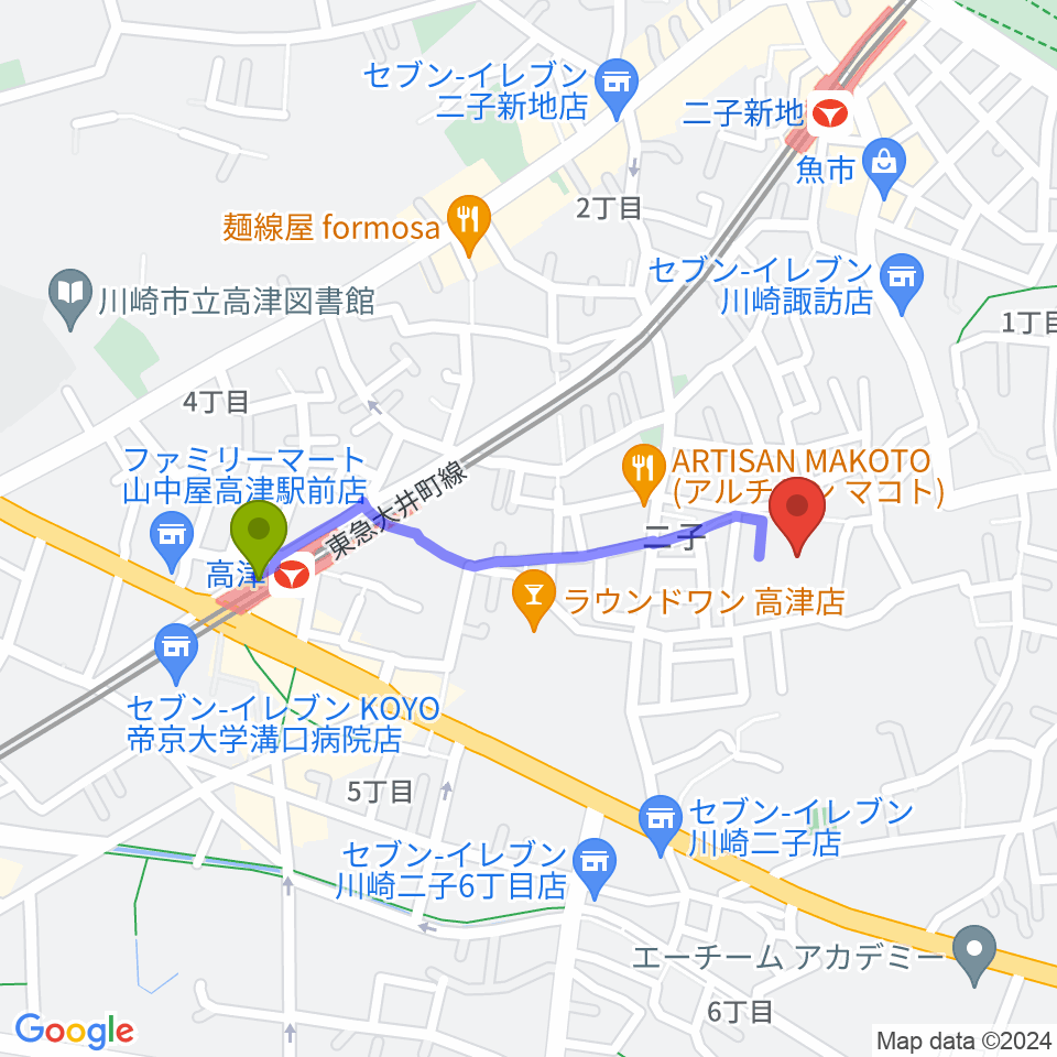 高津駅から川崎市高津スポーツセンターへのルートマップ地図