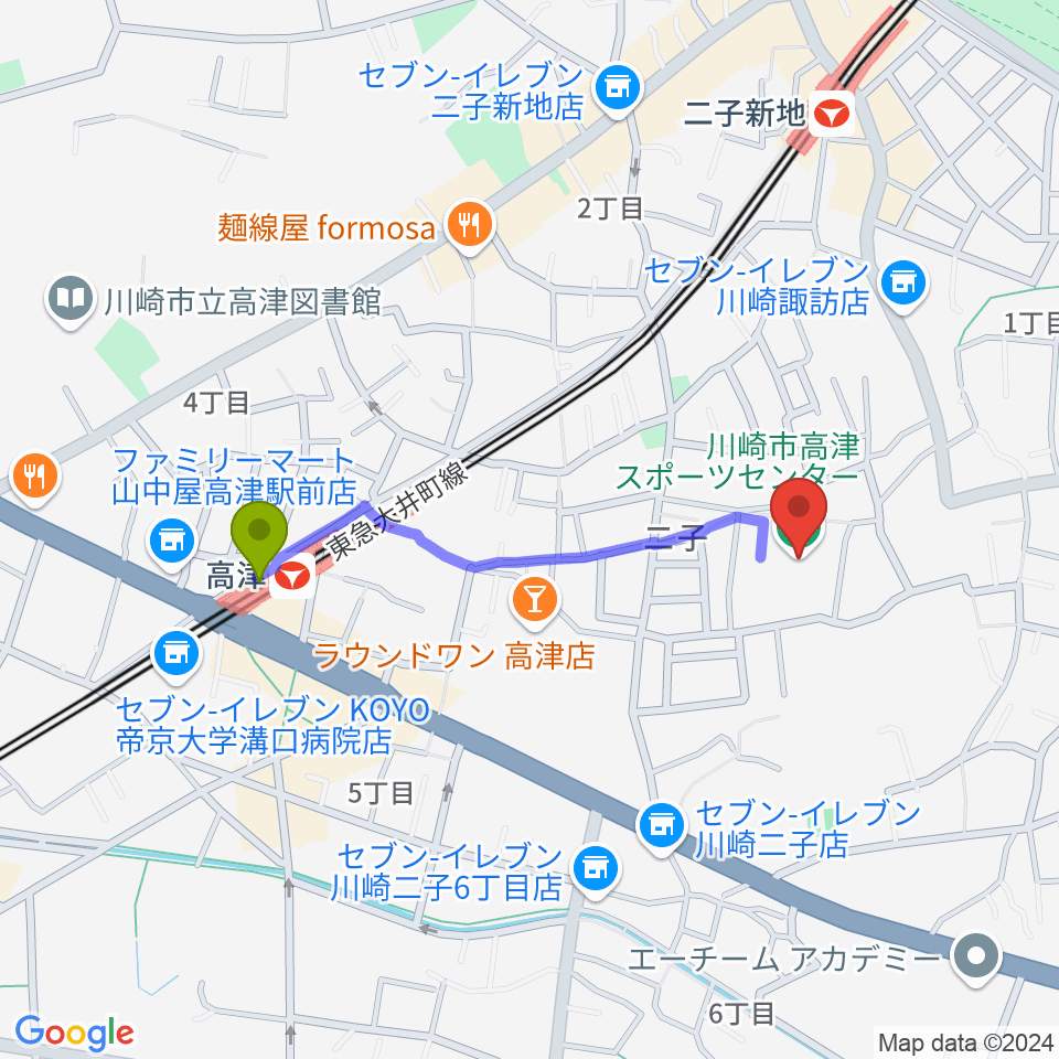 高津駅から川崎市高津スポーツセンターへのルートマップ地図