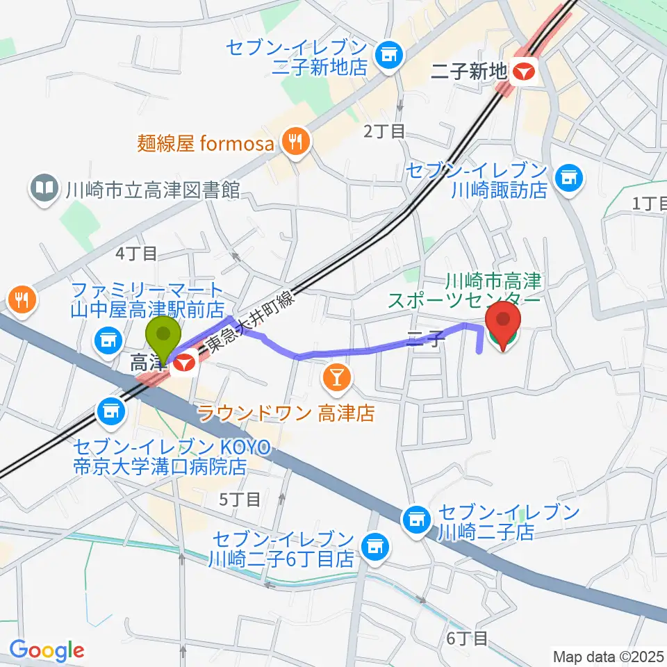 高津駅から川崎市高津スポーツセンターへのルートマップ地図