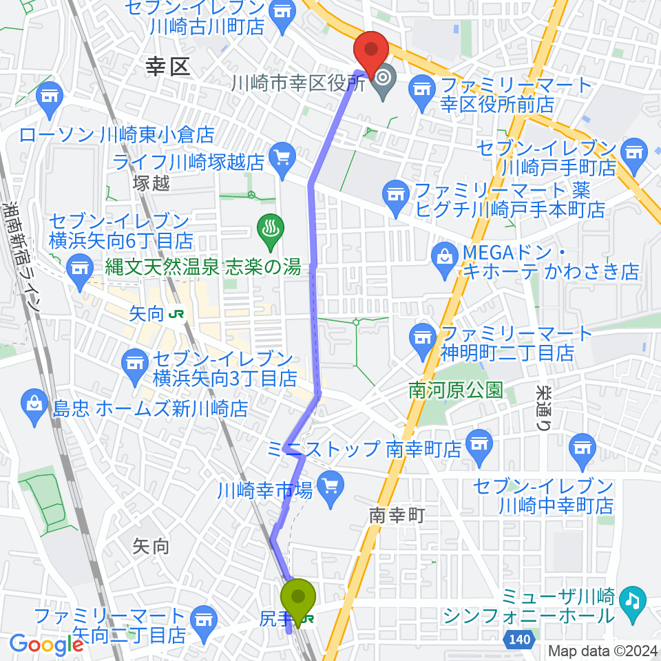 尻手駅から川崎市幸スポーツセンターへのルートマップ地図