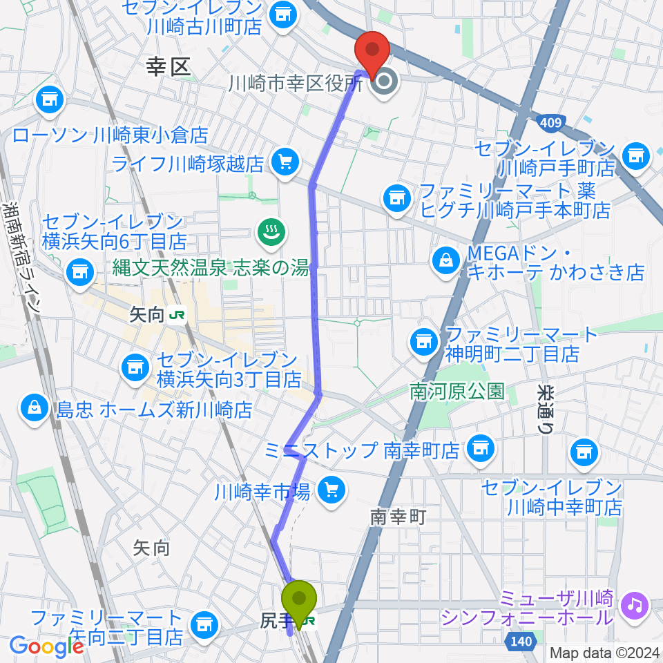 尻手駅から川崎市幸スポーツセンターへのルートマップ地図