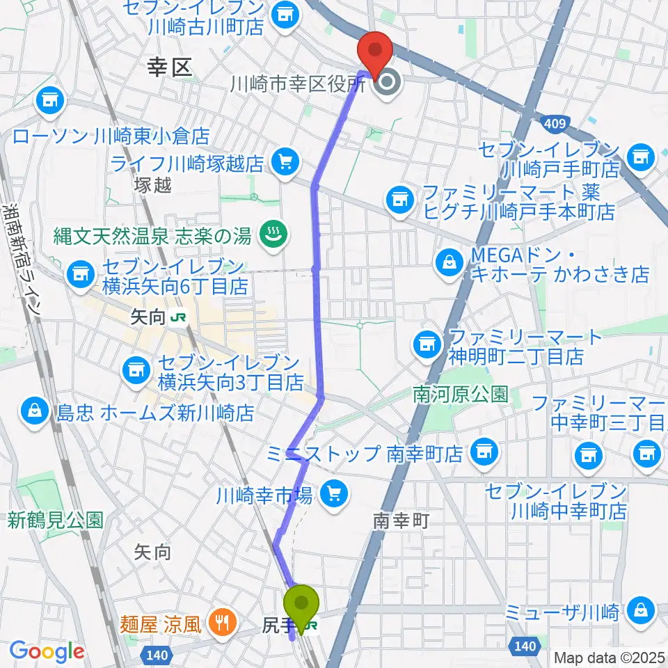 尻手駅から川崎市幸スポーツセンターへのルートマップ地図