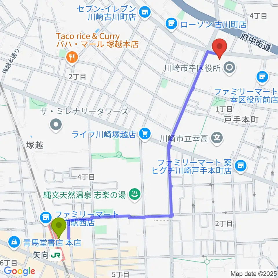 川崎市幸スポーツセンターの最寄駅矢向駅からの徒歩ルート（約13分）地図