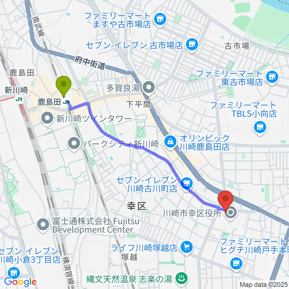 鹿島田駅から川崎市幸スポーツセンターへのルートマップ地図