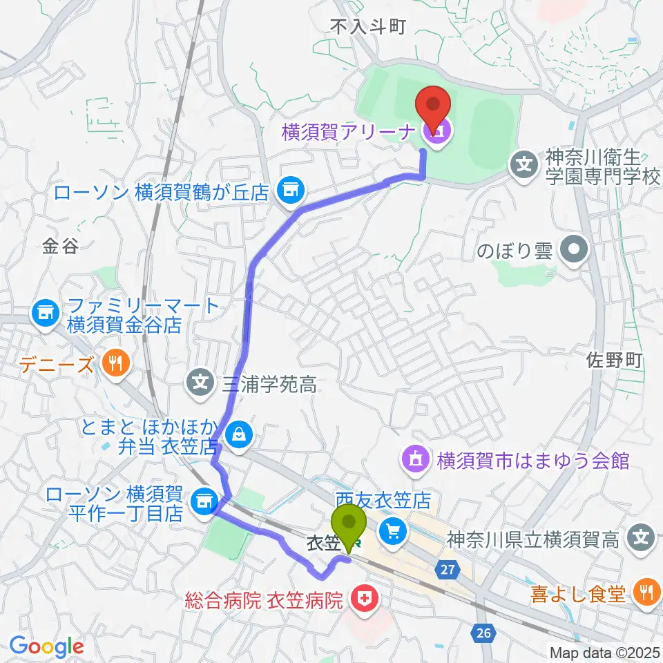 横須賀アリーナの最寄駅衣笠駅からの徒歩ルート（約20分）地図