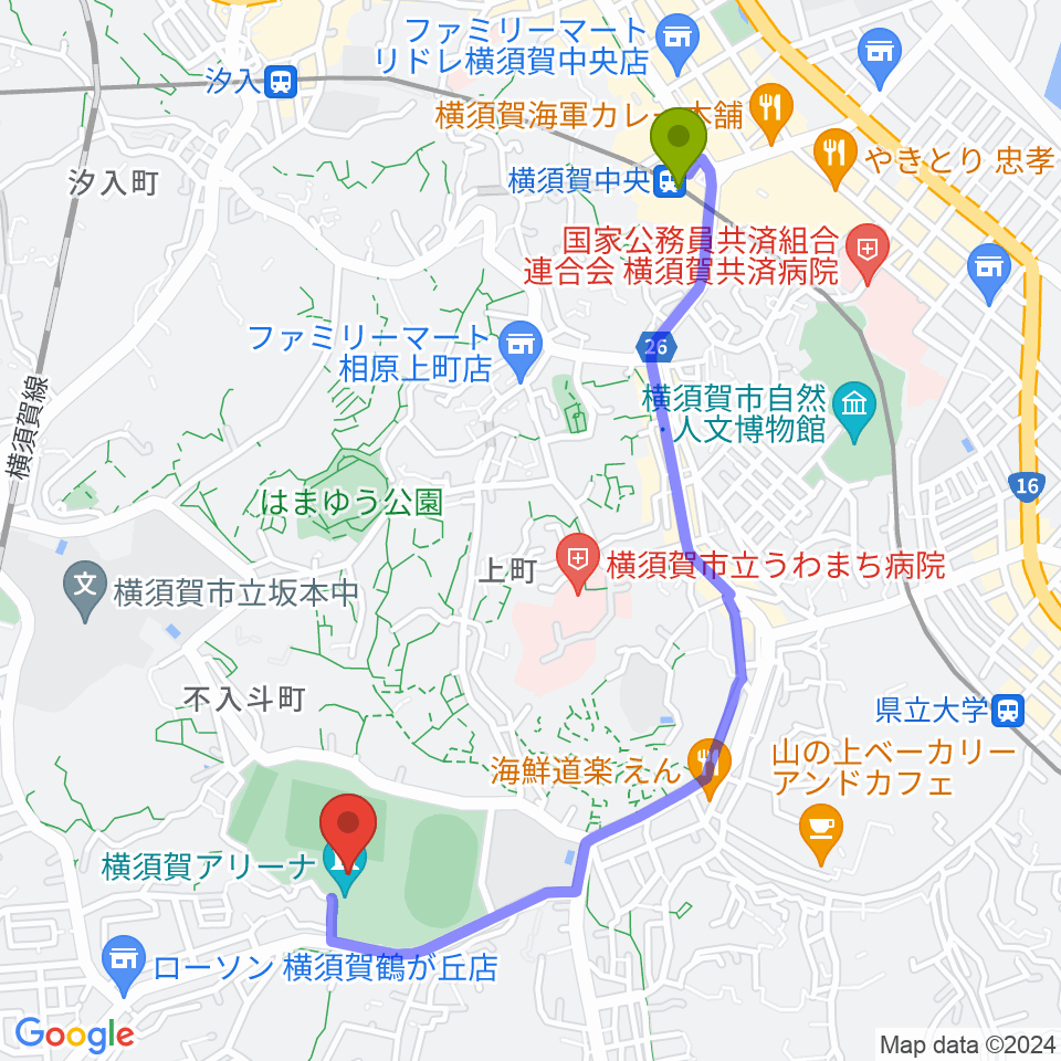 横須賀中央駅から横須賀アリーナへのルートマップ地図
