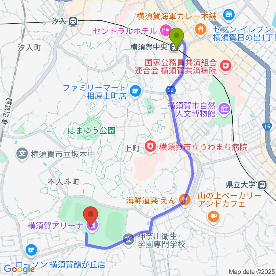 横須賀中央駅から横須賀アリーナへのルートマップ地図