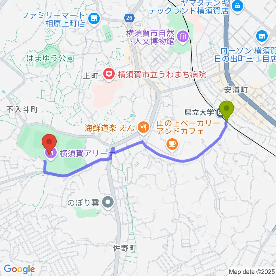 県立大学駅から横須賀アリーナへのルートマップ地図