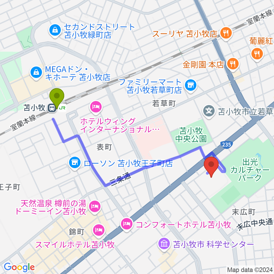 苫小牧市総合体育館の最寄駅苫小牧駅からの徒歩ルート（約17分）地図