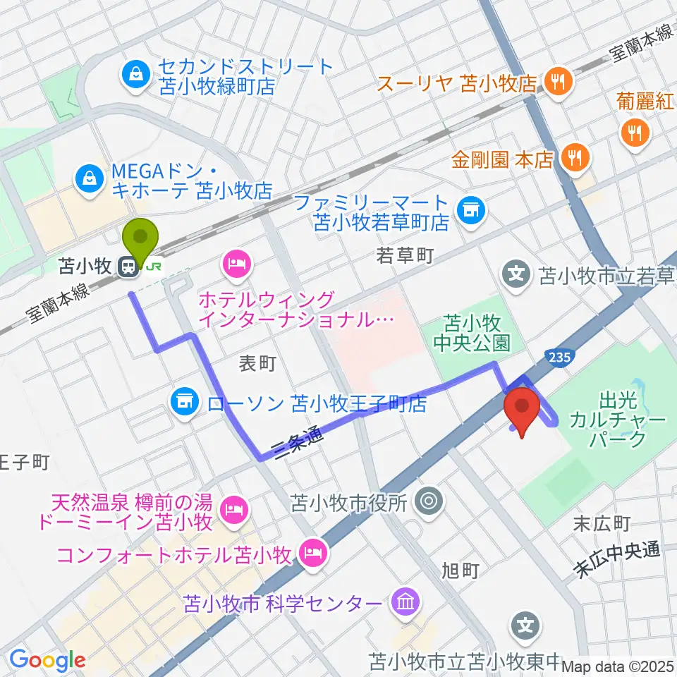 苫小牧市総合体育館の最寄駅苫小牧駅からの徒歩ルート（約17分）地図