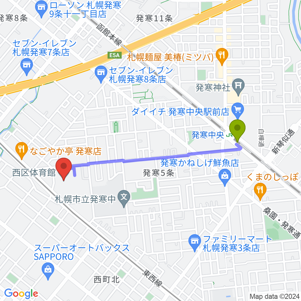 発寒中央駅から札幌市西区体育館・温水プールへのルートマップ地図