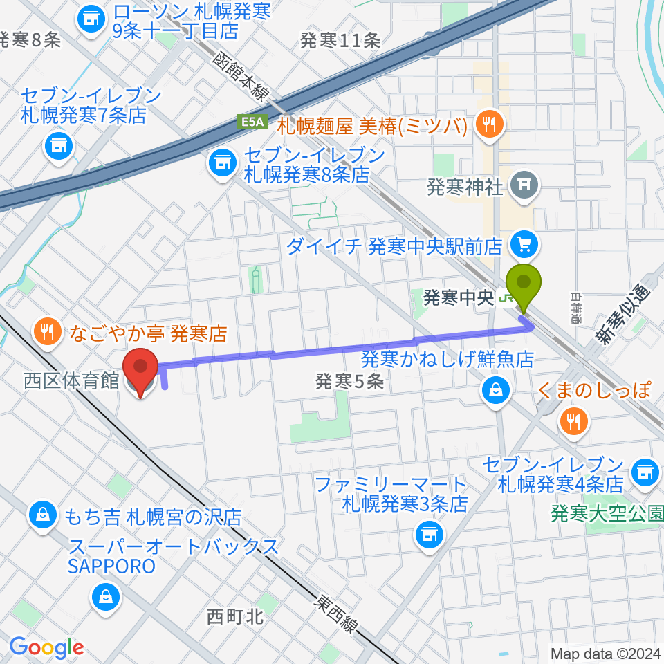 発寒中央駅から札幌市西区体育館・温水プールへのルートマップ地図