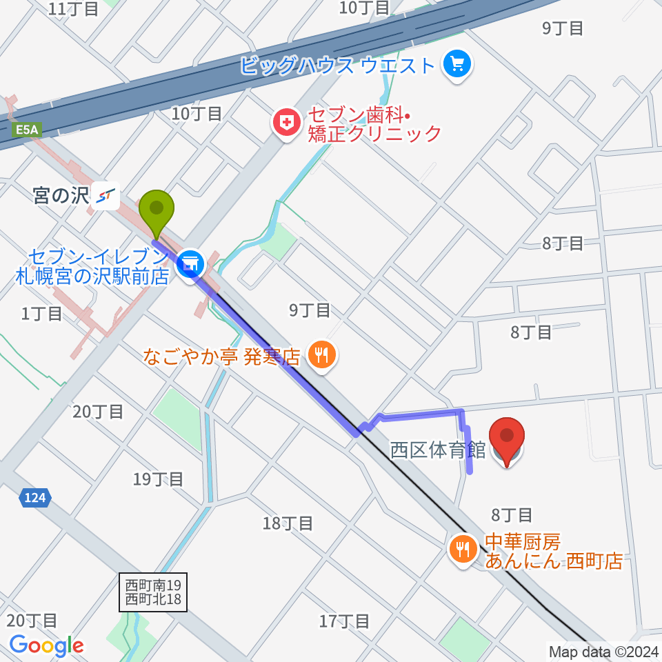 札幌市西区体育館・温水プールの最寄駅宮の沢駅からの徒歩ルート（約9分）地図