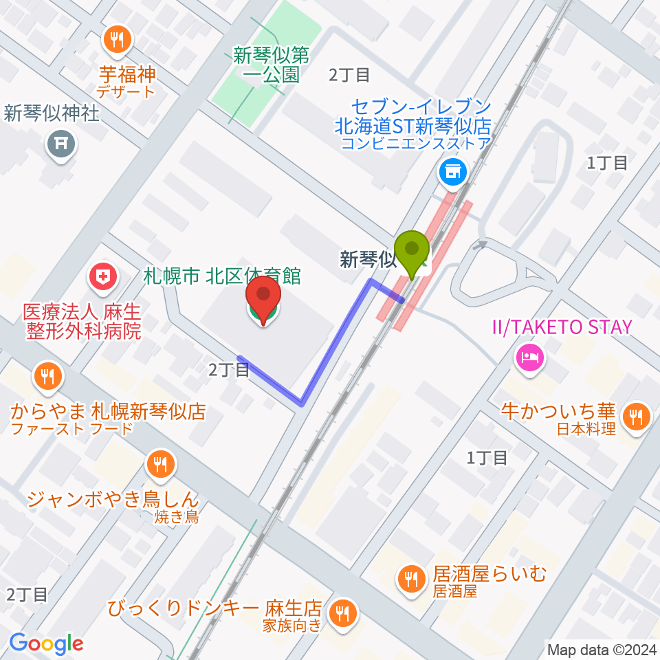 札幌市北区体育館の最寄駅新琴似駅からの徒歩ルート（約2分）地図