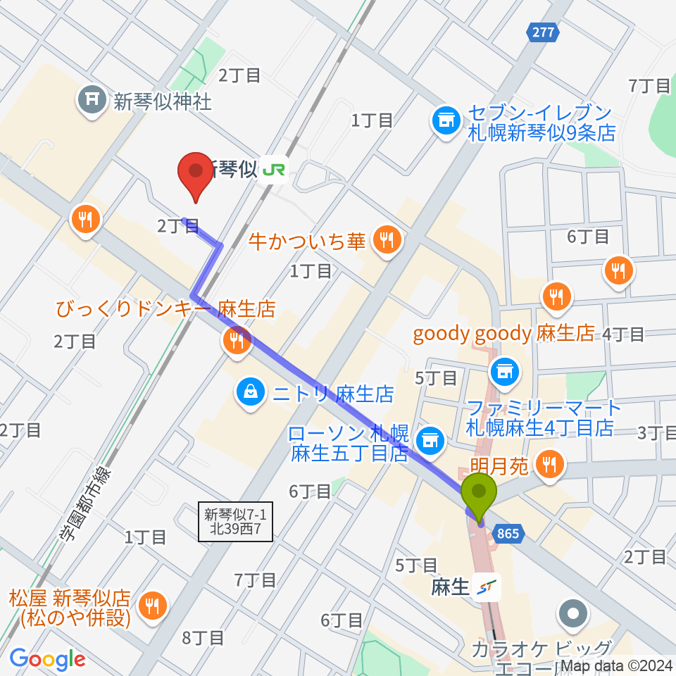 麻生駅から札幌市北区体育館へのルートマップ地図