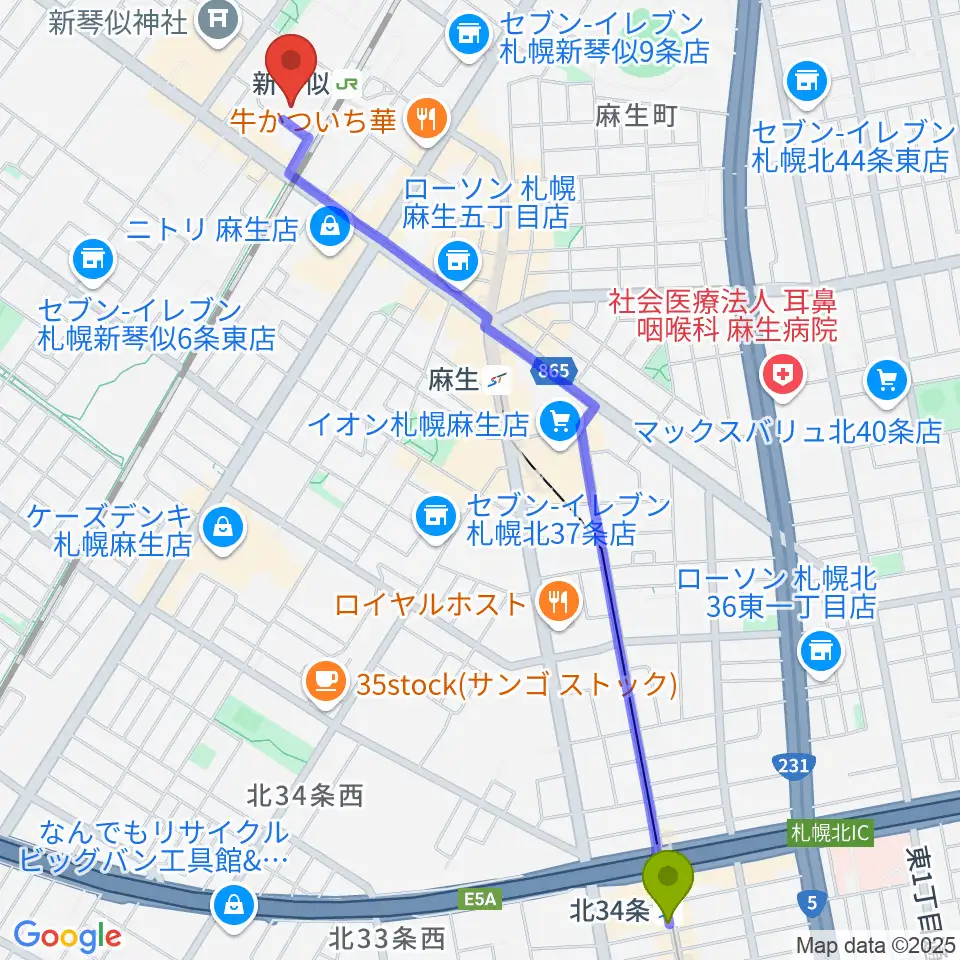 北３４条駅から札幌市北区体育館へのルートマップ地図