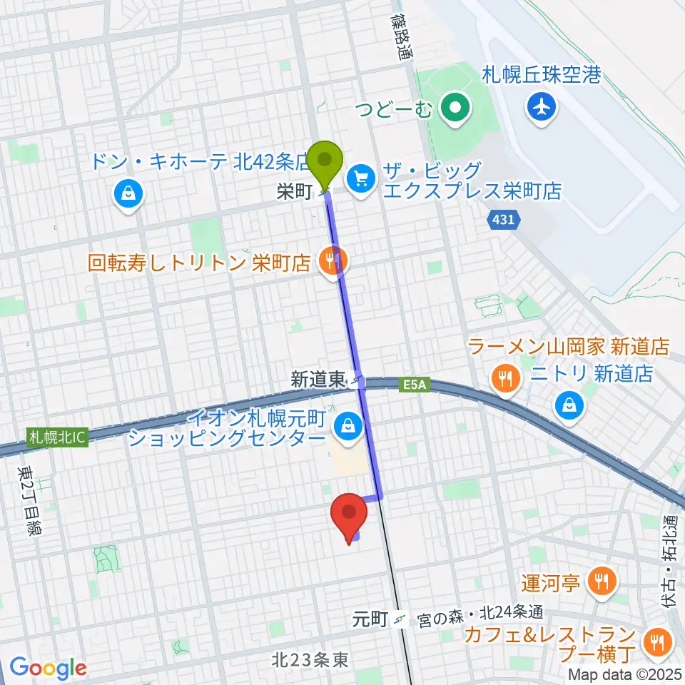 栄町駅から札幌市東区体育館へのルートマップ地図