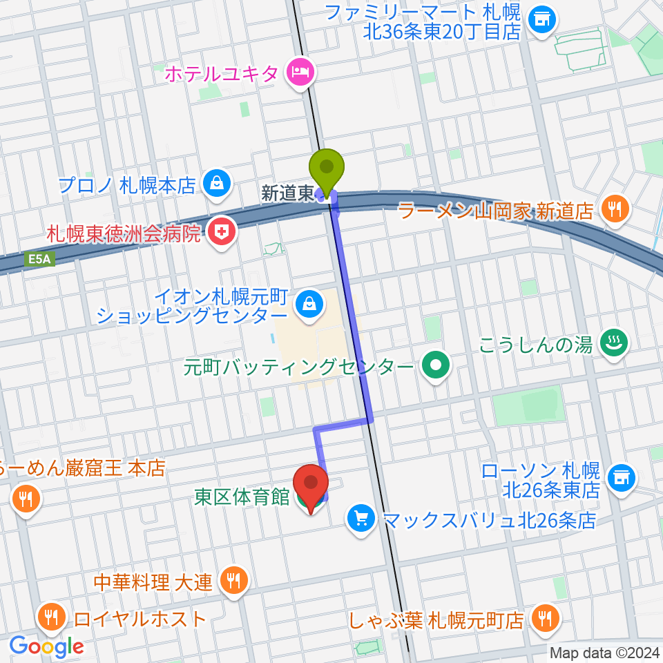 新道東駅から札幌市東区体育館へのルートマップ地図