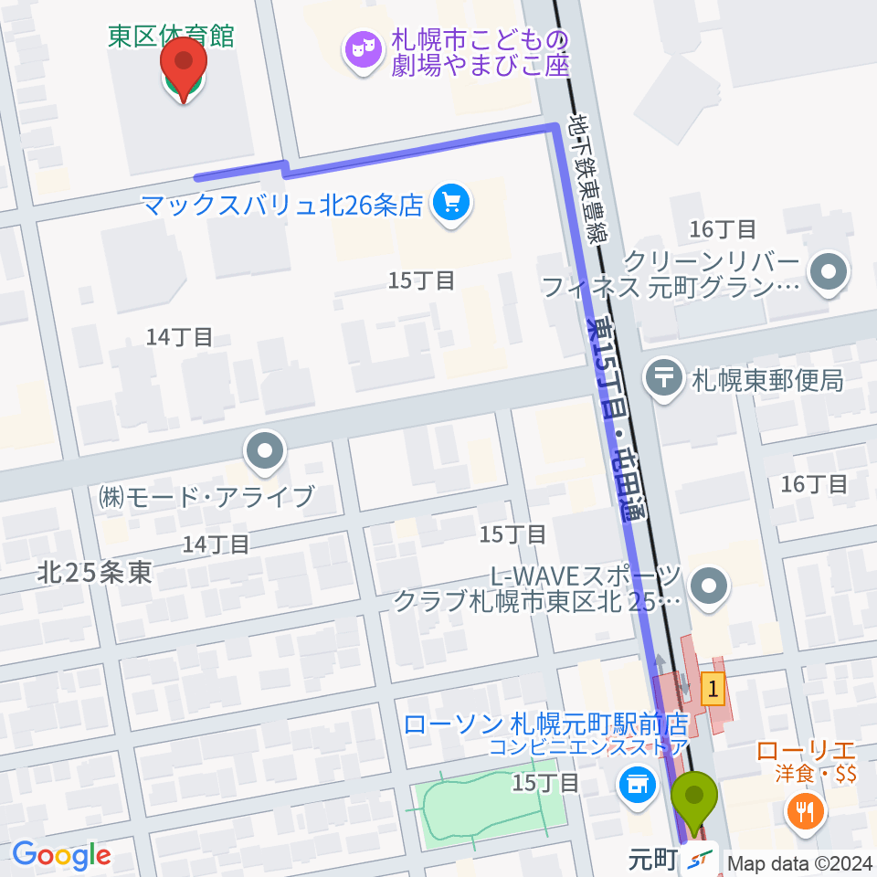 札幌市東区体育館の最寄駅元町駅からの徒歩ルート（約7分）地図