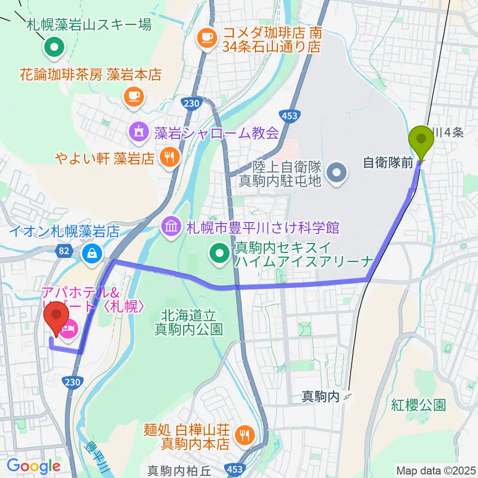 自衛隊前駅から札幌市南区体育館へのルートマップ地図