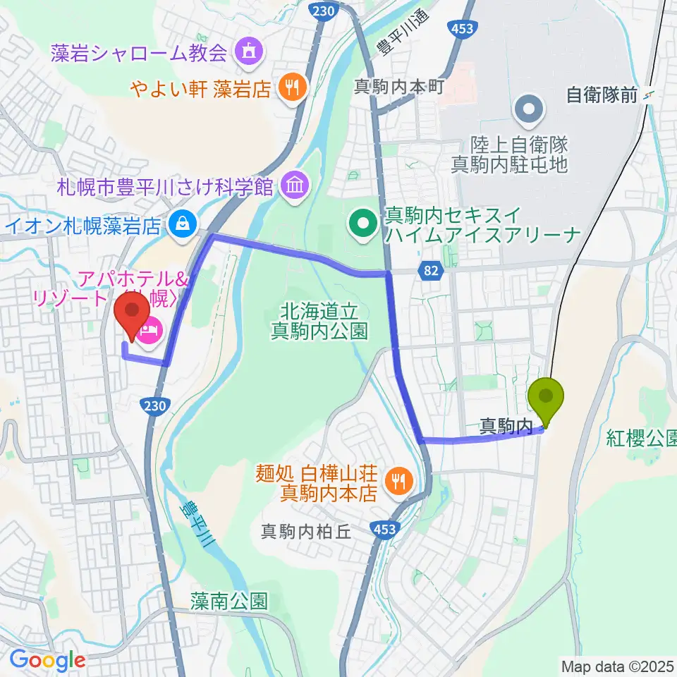 札幌市南区体育館の最寄駅真駒内駅からの徒歩ルート（約35分）地図