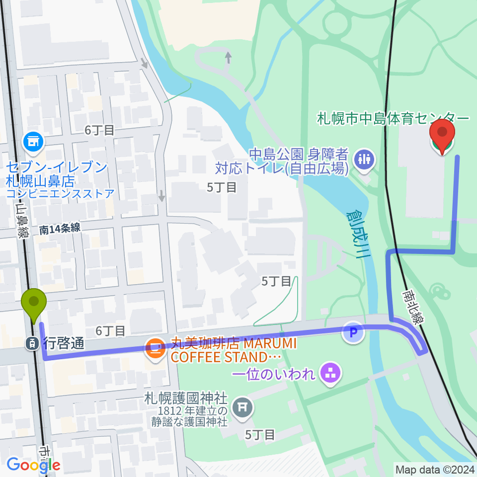 行啓通駅から札幌市中島体育センターへのルートマップ地図