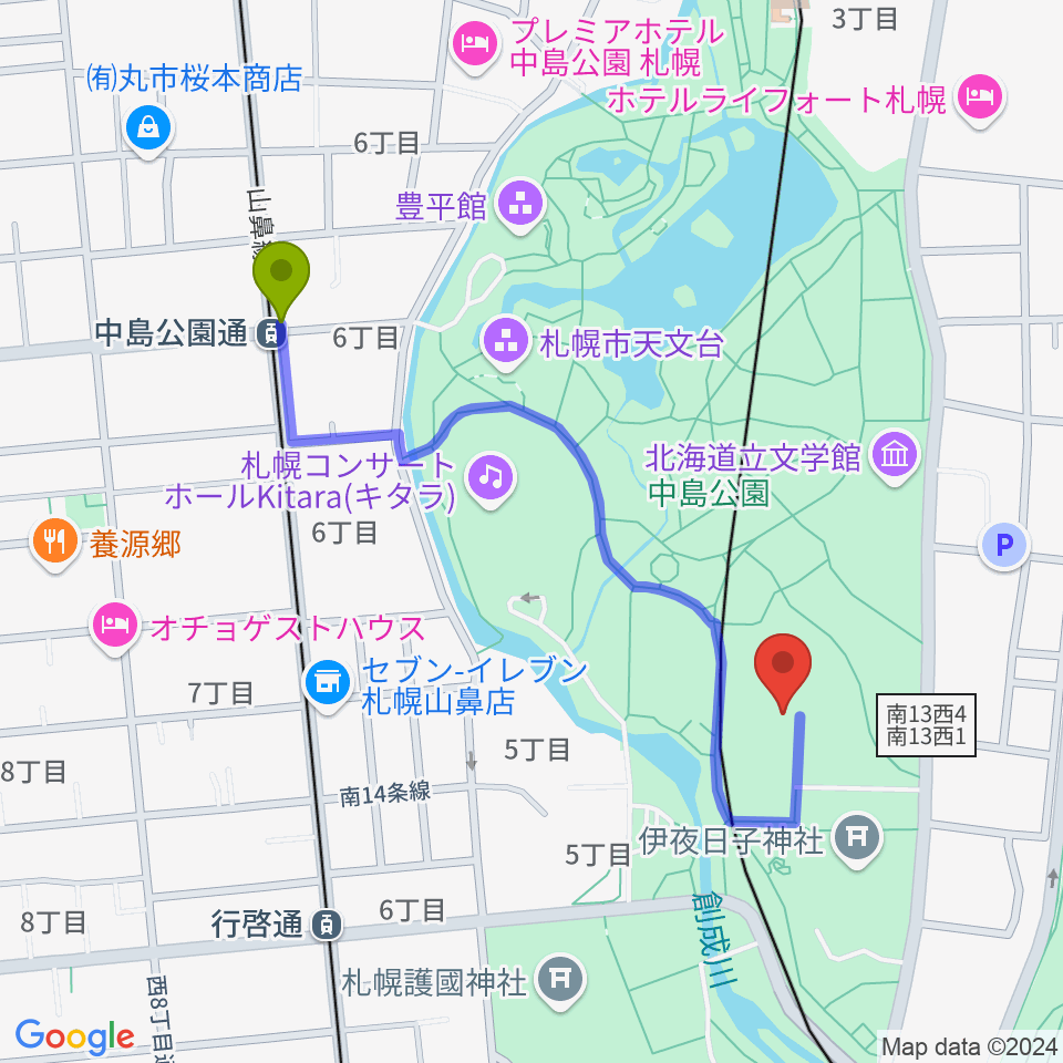 中島公園通駅から札幌市中島体育センターへのルートマップ地図