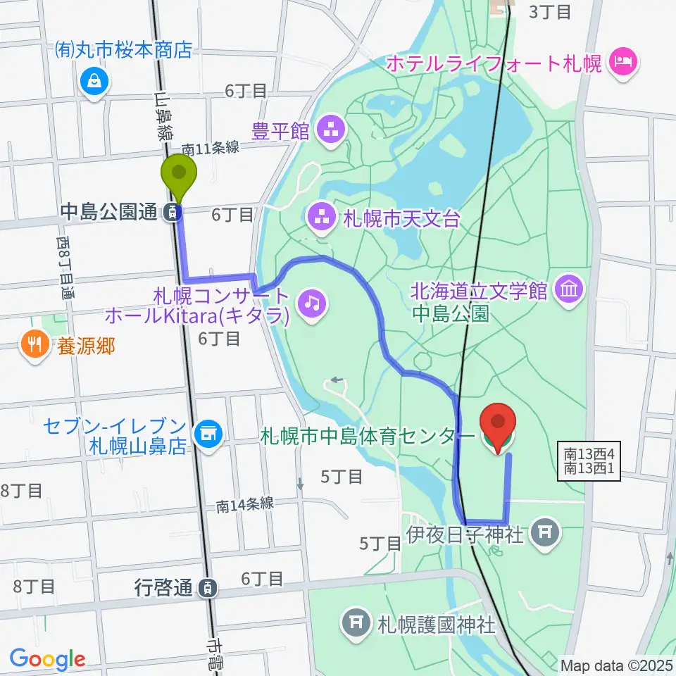 中島公園通駅から札幌市中島体育センターへのルートマップ地図