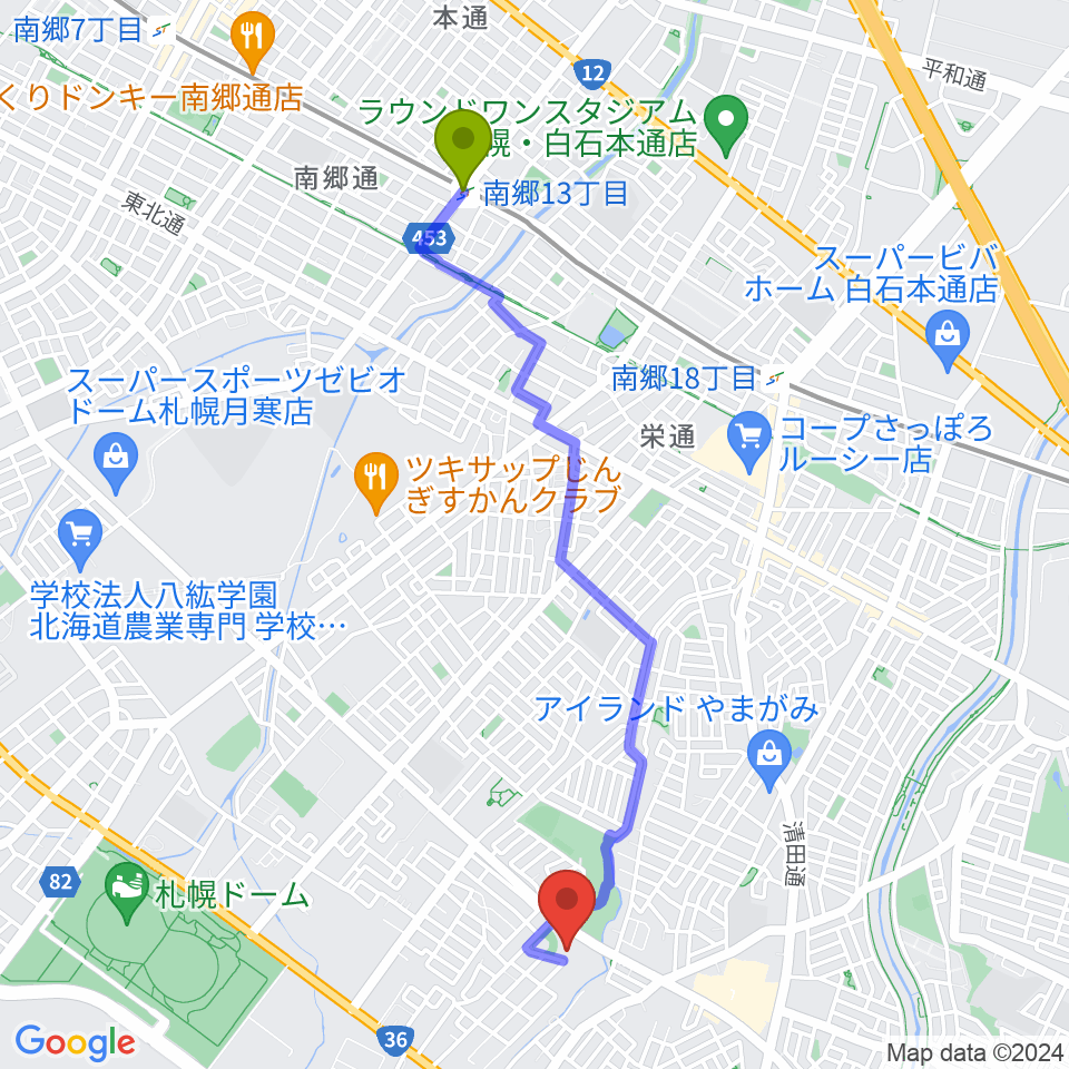 南郷１３丁目駅から札幌市豊平区体育館へのルートマップ地図