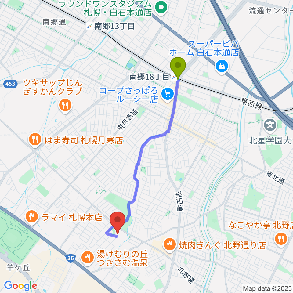 札幌市豊平区体育館の最寄駅南郷１８丁目駅からの徒歩ルート（約32分）地図