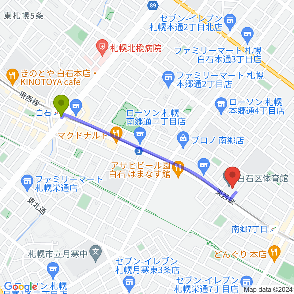 白石駅から札幌市白石区体育館へのルートマップ地図