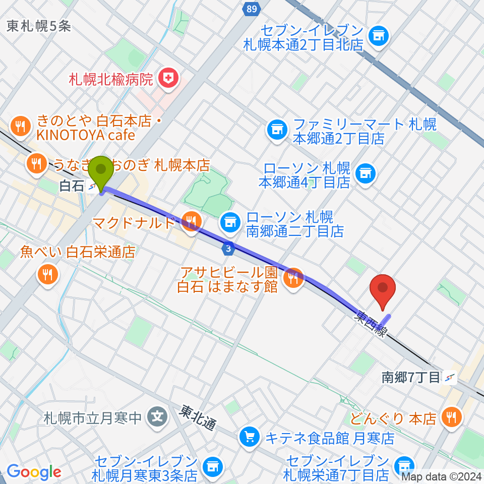 白石駅から札幌市白石区体育館へのルートマップ地図