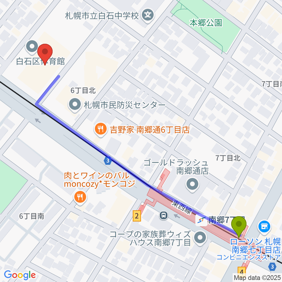 札幌市白石区体育館の最寄駅南郷７丁目駅からの徒歩ルート（約6分）地図