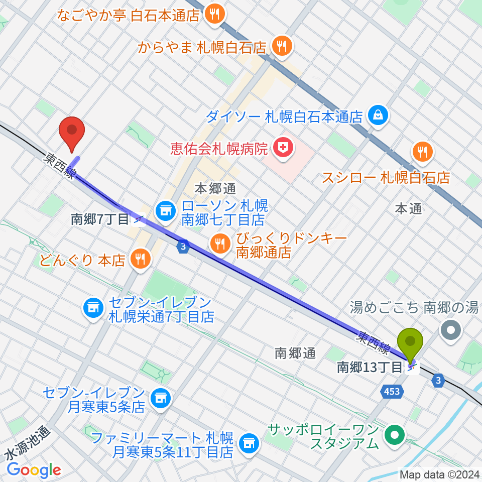 南郷１３丁目駅から札幌市白石区体育館へのルートマップ地図