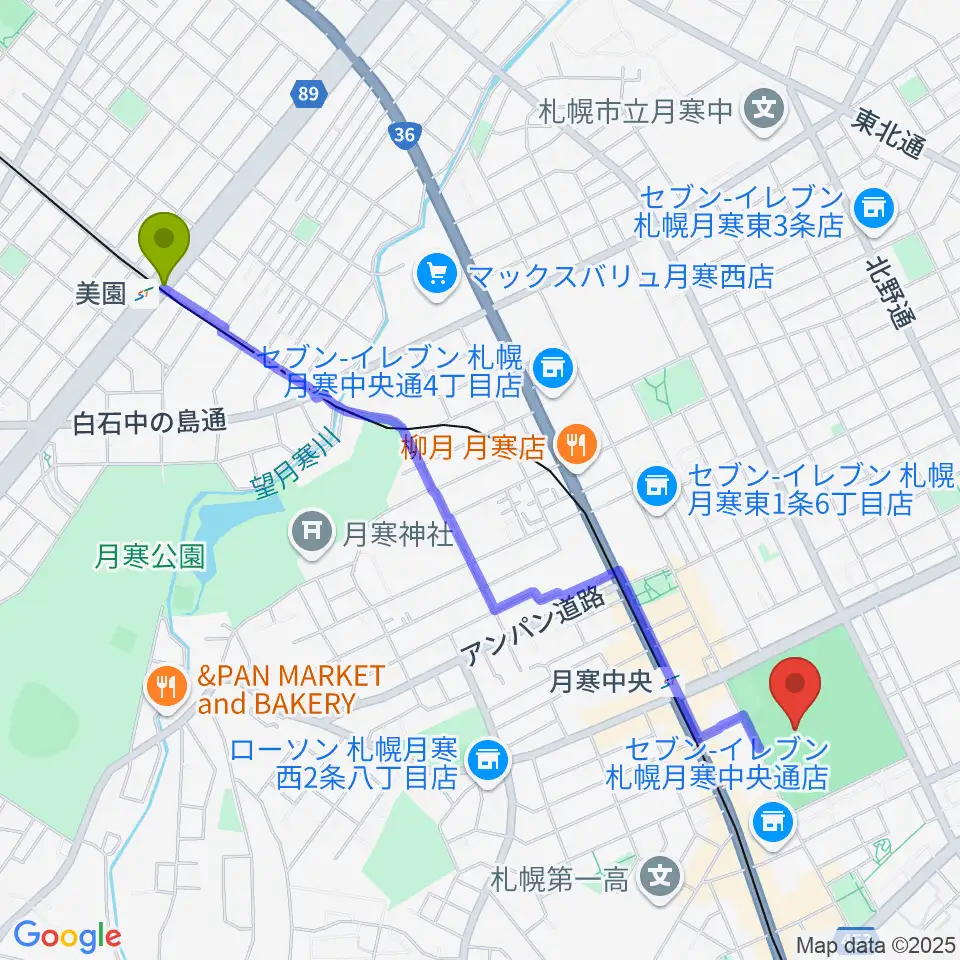 美園駅から札幌市月寒体育館へのルートマップ地図