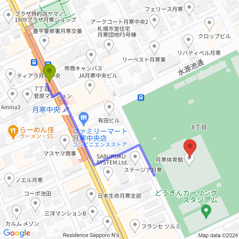 札幌市月寒体育館の最寄駅月寒中央駅からの徒歩ルート（約5分）地図
