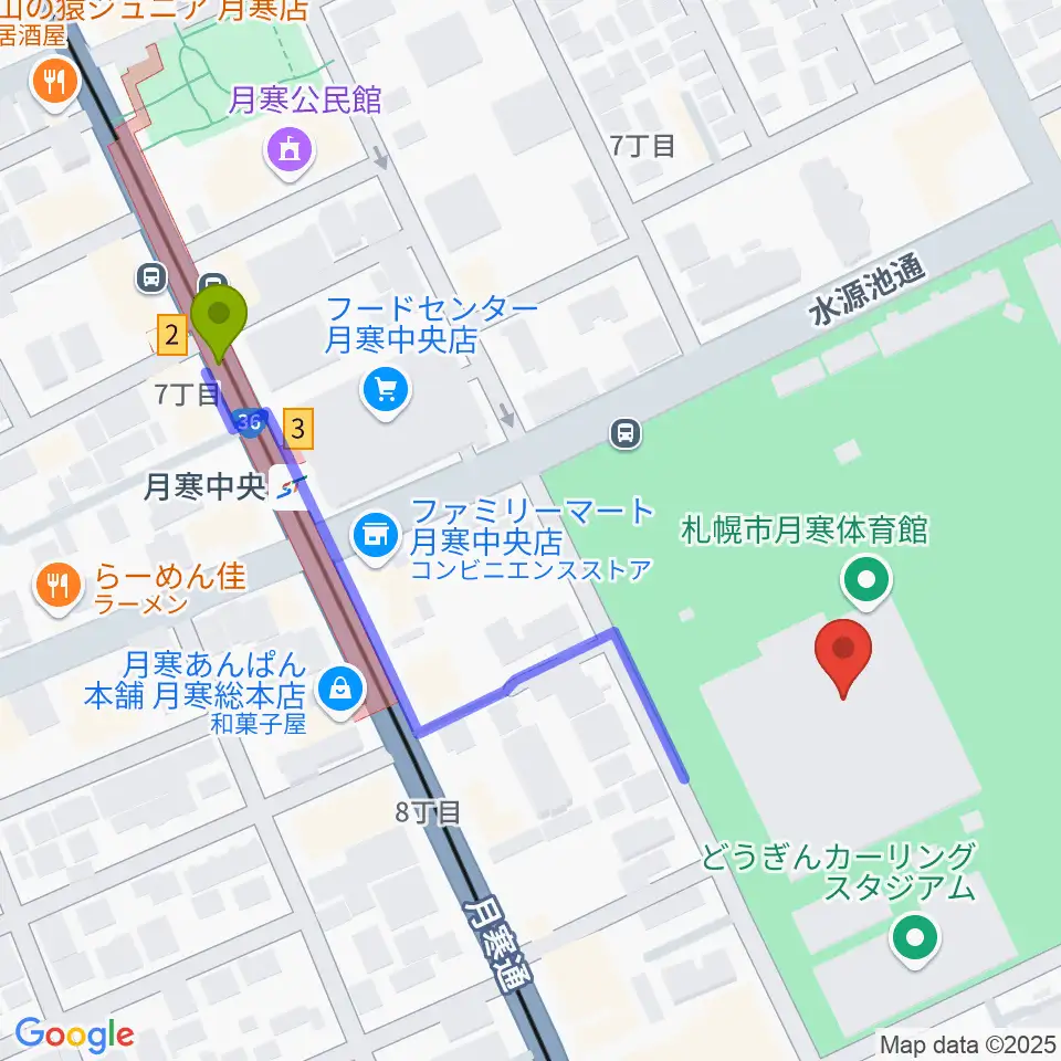 札幌市月寒体育館の最寄駅月寒中央駅からの徒歩ルート（約5分）地図