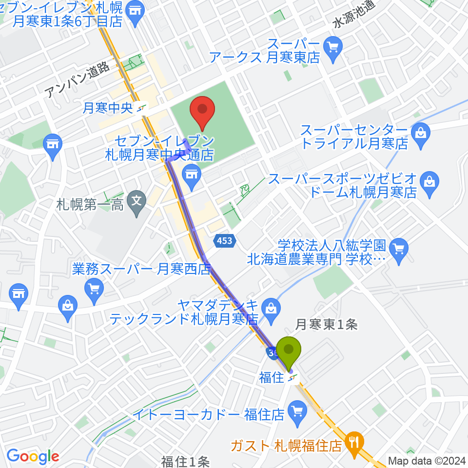 福住駅から札幌市月寒体育館へのルートマップ地図