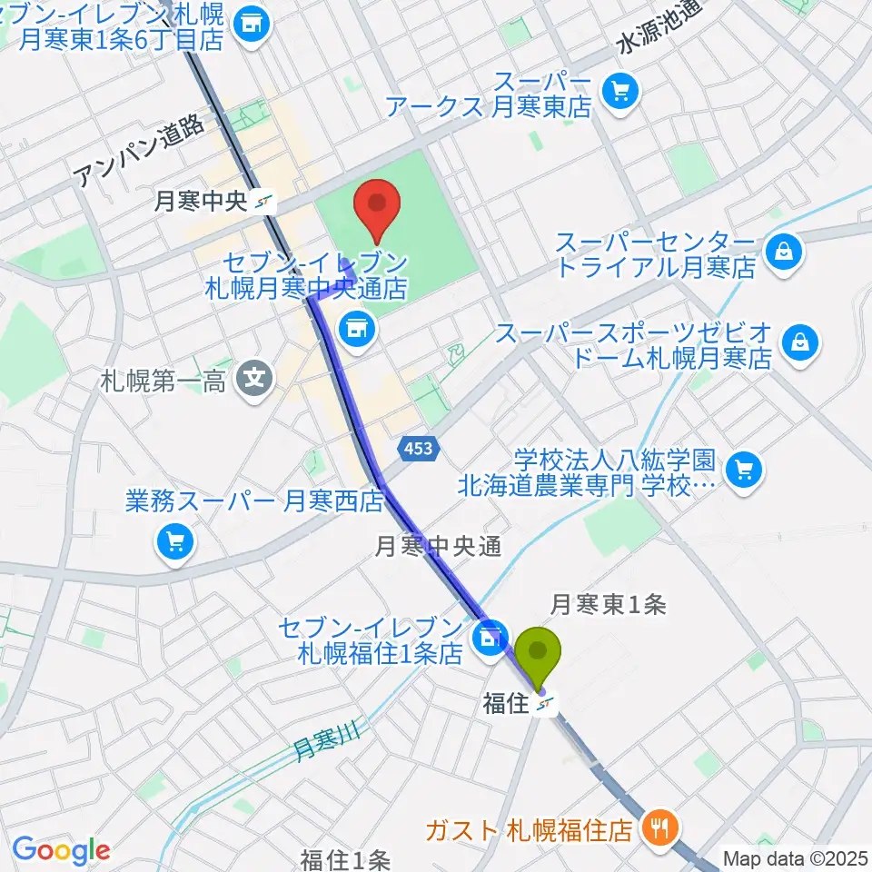 福住駅から札幌市月寒体育館へのルートマップ地図