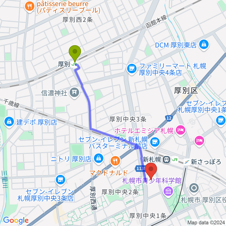 厚別駅から札幌市厚別区体育館へのルートマップ地図