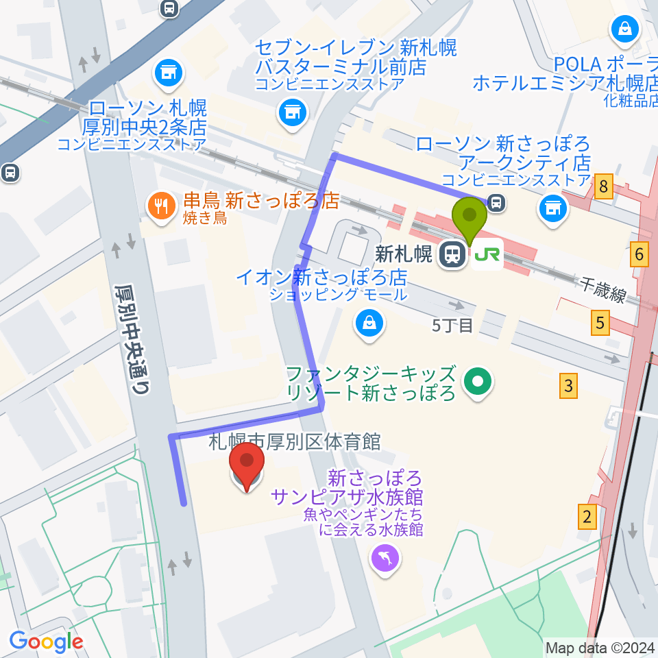 札幌市厚別区体育館の最寄駅新札幌駅からの徒歩ルート（約4分）地図