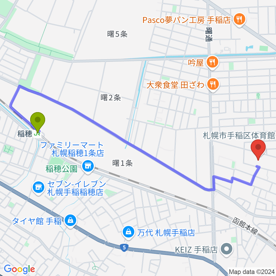 稲穂駅から札幌市手稲区体育館へのルートマップ地図