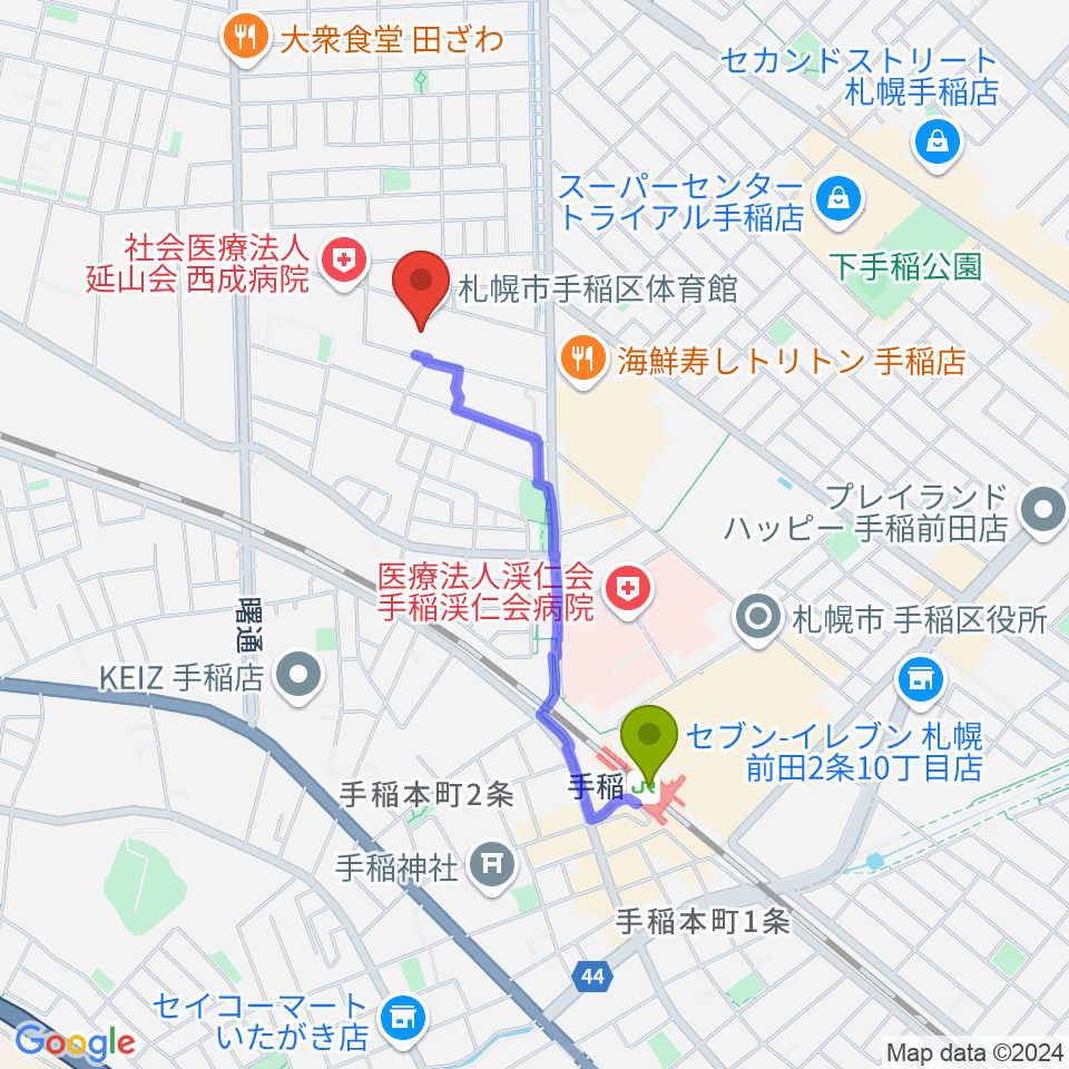 札幌市手稲区体育館の最寄駅手稲駅からの徒歩ルート（約13分）地図