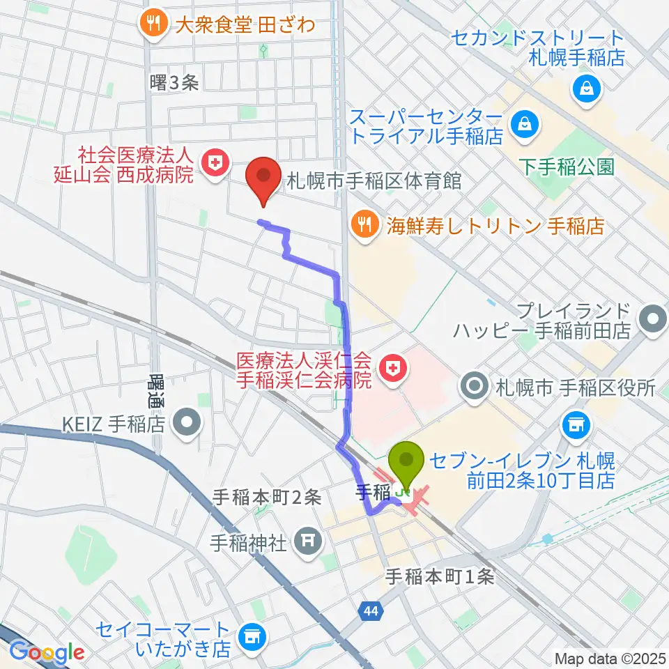 札幌市手稲区体育館の最寄駅手稲駅からの徒歩ルート（約13分）地図