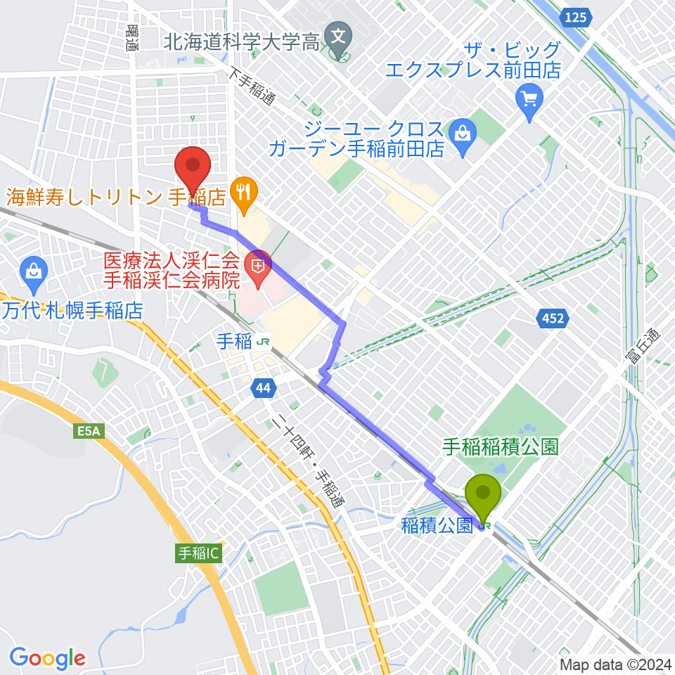 稲積公園駅から札幌市手稲区体育館へのルートマップ地図