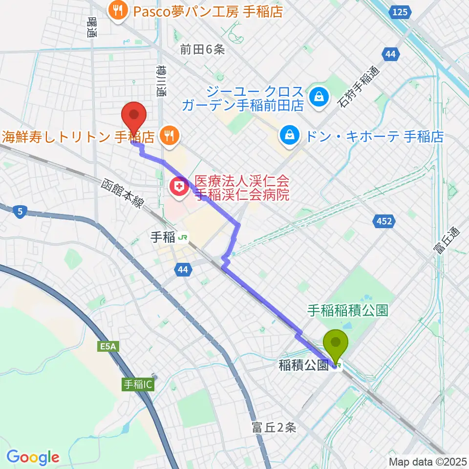 稲積公園駅から札幌市手稲区体育館へのルートマップ地図