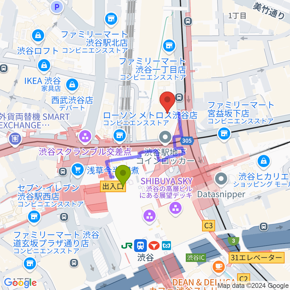 Bunkamuraル・シネマ渋谷宮下の最寄駅渋谷駅からの徒歩ルート（約2分）地図