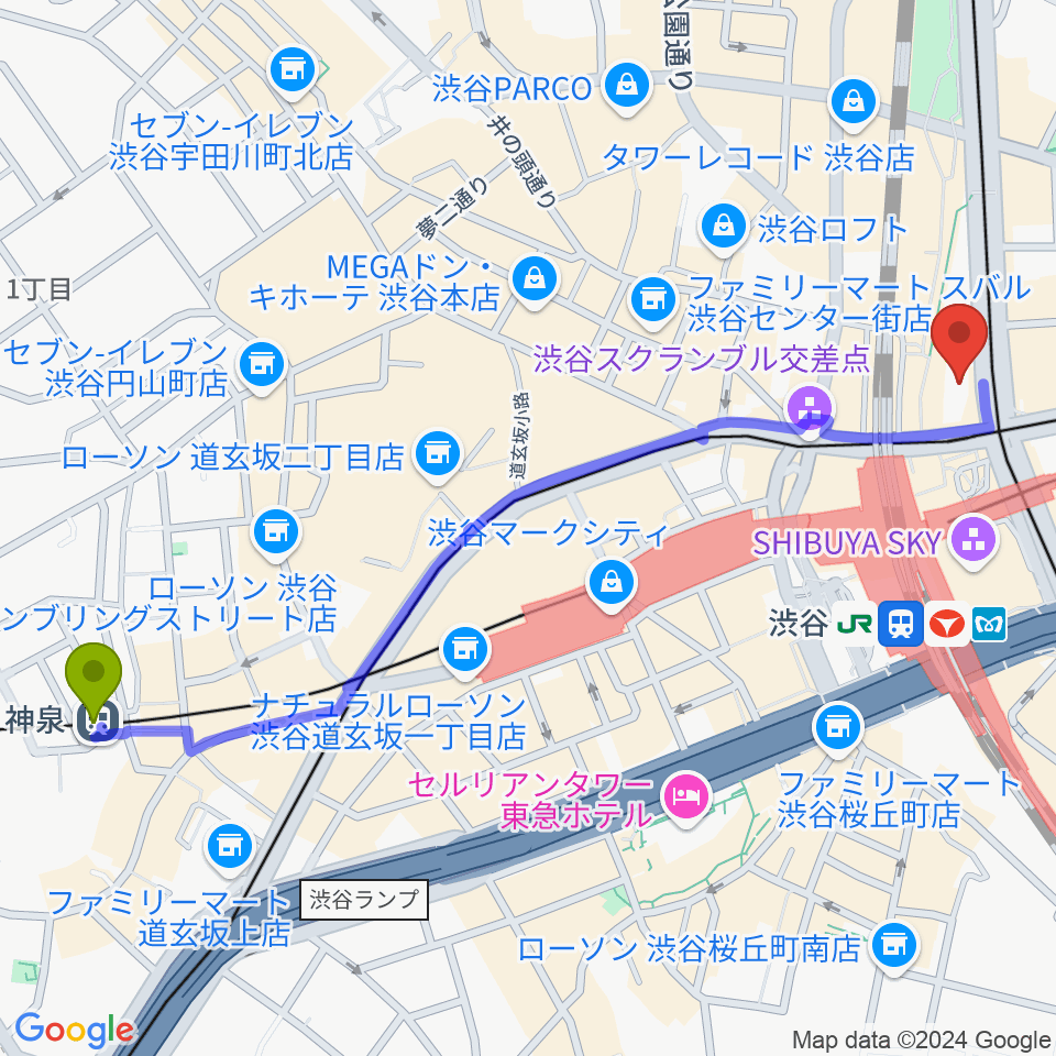 神泉駅からBunkamuraル・シネマ渋谷宮下へのルートマップ地図