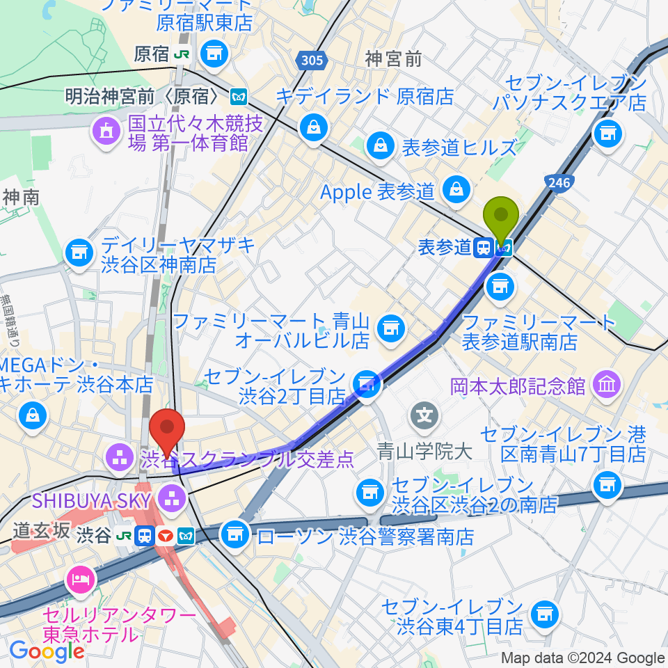 表参道駅からBunkamuraル・シネマ渋谷宮下へのルートマップ地図