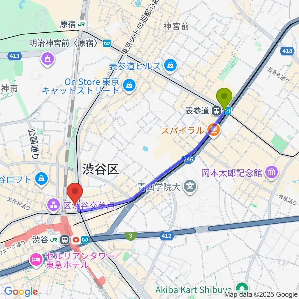 表参道駅からBunkamuraル・シネマ渋谷宮下へのルートマップ地図